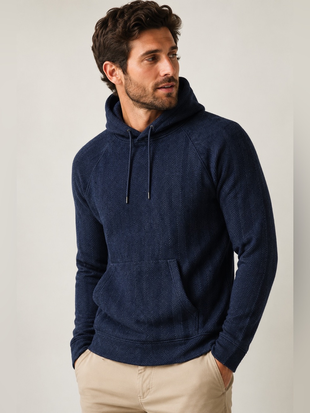 Emporio Armani Men's Navy Herringbone Hooded Sweater